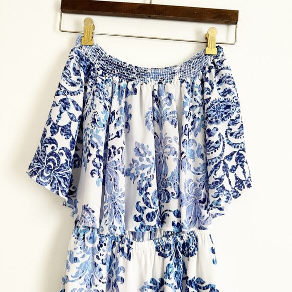 SHOW ME YOUR MUMU Rosarita Off Shoulder Romper Blue White XS - Picture 3 of 8